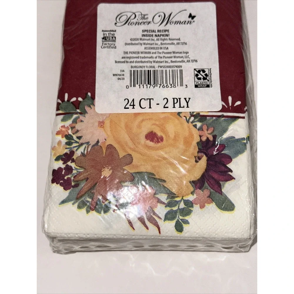 Pioneer Woman Burgundy Floral Paper Napkins 24 Count 2 Ply Recipe Inside PW76638